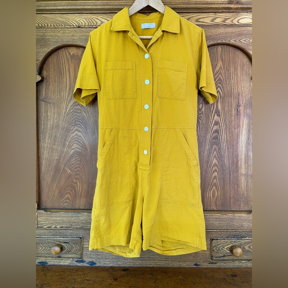 Everlane cotton weave short romper jumpsuit 6 S M gold mustard yellow buttons
